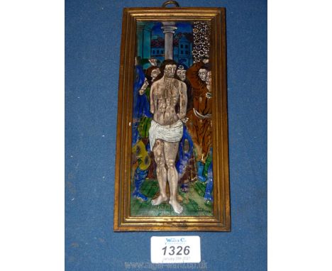 Follower of Jean Penicaud I, an antique Limoges painted enamel of the scourging of Christ, originally a wing from a triptych,
