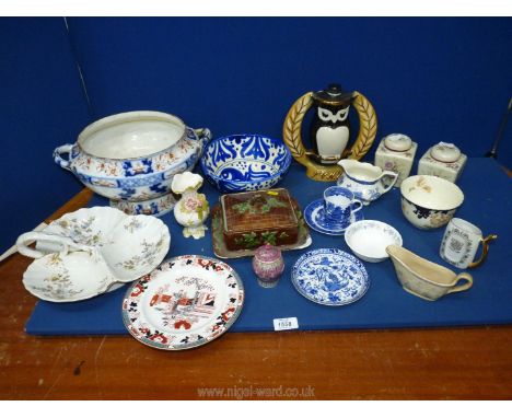 A quantity of china to include; a Beam Whisky limited edition LVNH ceramic owl decanter (no crown), 9'' tall, Majolica butter