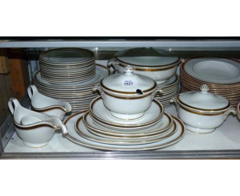 A comprehensive Mintons Greek key dinner service including twelve sets of plates, two gravy jugs, two lidded sauce tureens wi