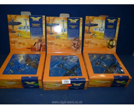 Three boxed 1:72 scale model Corgi Flying Aces: Hawker Hurricane MK1 of no.297 Sqd RAF - Sqd Ldr Stanford Tuck, Supermarine S