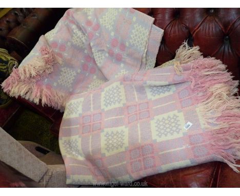 Two Welsh woven tapestry pattern single Blankets in pinks and cream (originated from a mill in Pembrokeshire), 90" x 62" appr