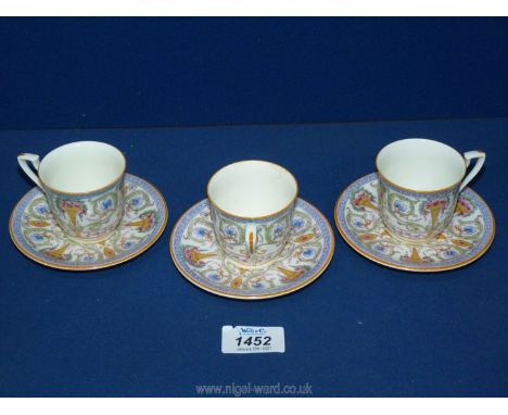 Three Royal Worcester cups and saucers with painted floral decoration, some crazing.