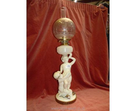 A Moore Bros. Oil lamp having globular shade and chimney with china base depicting two figures, some damage, 30" tall.