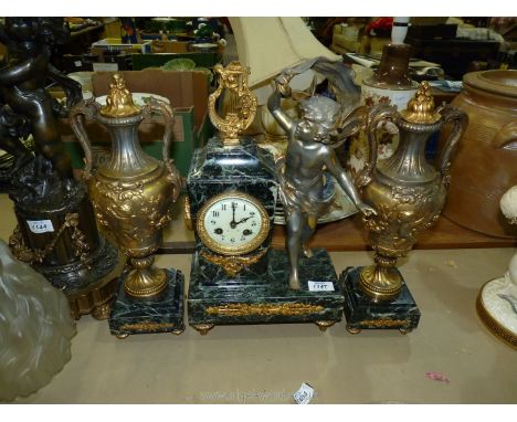 A well-figured green marble clock garniture, the clock having a cream coloured face with Arabic numerals, the brass two-train