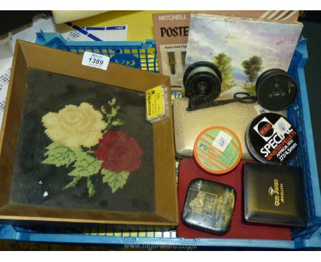 A tray of miscellanea to include a framed tapestry picture, hand painted tile, empty boxes, two tins of Airgun pellets, 4.5 m