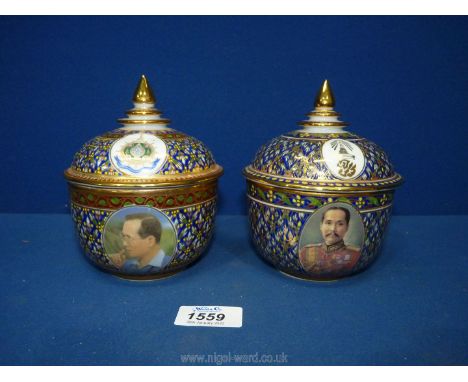 A scarce pair of Thai Bencharong Royal portrait jars inset with photographic images of King Chulalongkorn and Bhumibol, possi