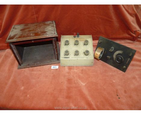 An old Mahogany Crystal set case, a Heathkit Schlumberger model 1 N - 177, 227/16/250 and a tuning Coil with aerial/earth/tel