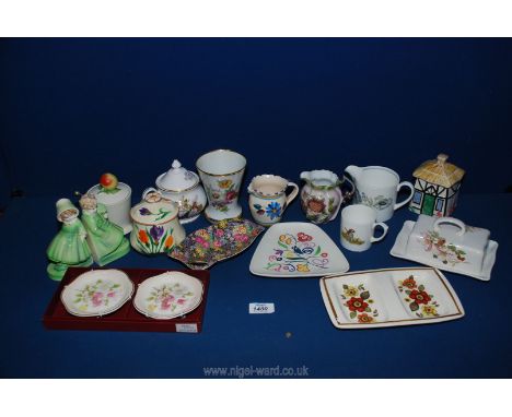 A quantity of miscellaneous china including jam pot and spoon, children's bookends, a small cheese dish, a Wedgwood jug, boxe