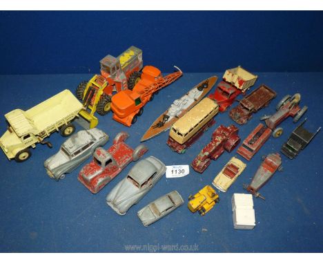 A box of miscellaneous vintage Dinky toys including double decker bus, Massey Harris tractor, dumper truck etc., plus other v