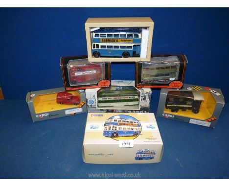 Four Corgi Classics model vehicles including Blackpool Tram, Bradford City Trolleybus, GWR lorry and Morris Minor Post office