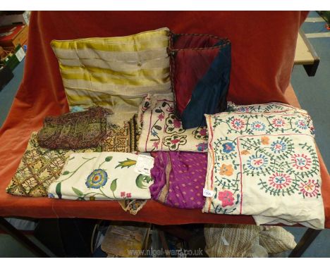 A small quantity of vintage fabric, hand embroidery throw with fringing (stained), tapestry runners, cushion and tapestry bag