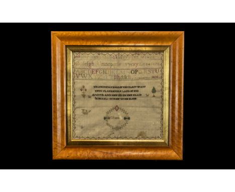 George III Needlework Sampler Alphabet &amp; Verse, Dated 1804. Maple frame with hymn verse by J Hutton (1715-1795) and alpha