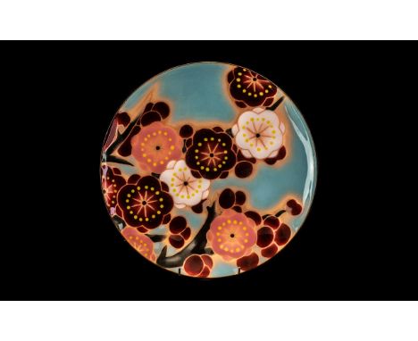Japanese Ando Enamel Dish with original label; decorated with flowers; 11 inches (27.5cms) in diameter