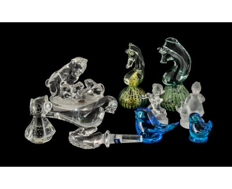 Collection of Glassware &amp; Paperweights, comprising:  two decorative sea horse paperweights with sea green and blue bases,
