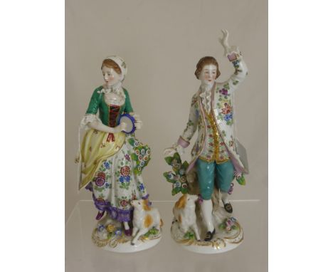 A Pair of Circa 19th Century Samson Figurines, depicting a shepherdess playing a tambourine and a young man dancing.
