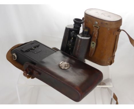 A "Trieder Binoculars Army" Binoculars in case initialled L.M.C. together with a  vintage Kodak No. 1A Autographic Kodak Jr. 