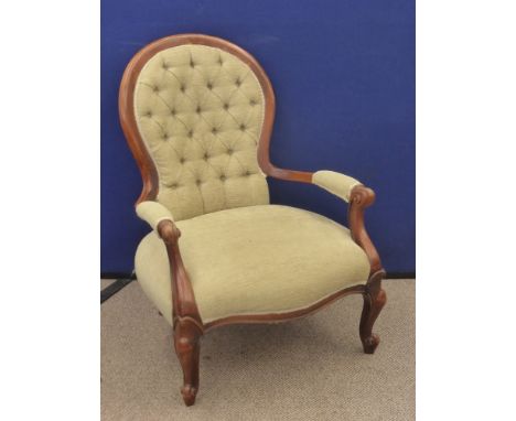 A Victorian Style Button Back Chair, covered in beige upholstery.