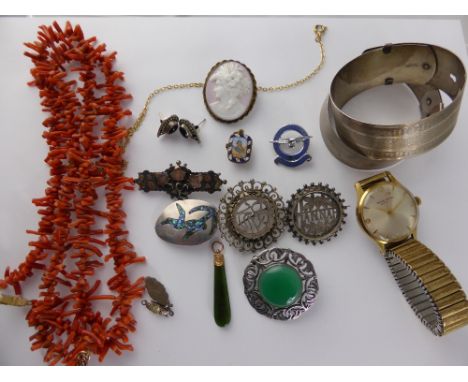 Miscellaneous Silver and 9K Jewellery, including brooches, bracelets, earrings, enamel Egyptian pendant, two coral necklaces 