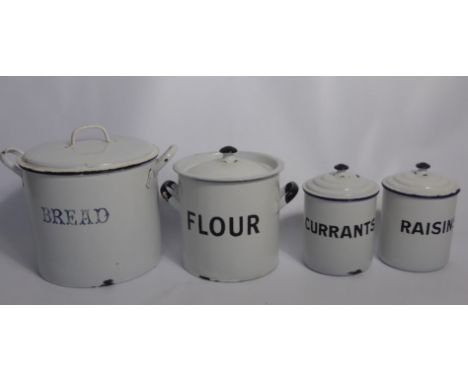 A Set of Four Vintage Enamel Kitchen Containers, including bread, flour, currants and raisins. (4)