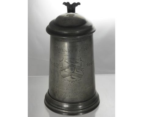 An Antique Pewter Lidded Tankard, having glass bottom inscribed "Worcester College Scratch Fours 1859" with thumb rest, appro