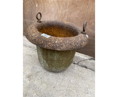 A VINTAGE HEAVY CAST IRON FOUNDRY CRUCIBLE CAULDRON PLANTER 