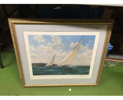 A GILT FRAMED PENCIL SIGNED PRINT OF A SAILING BOAT 