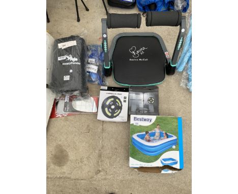 AN ASSORTMENT OF ITEMS TO INCLUDE AN UMBRELLA LIGHT, A PADDLING POOL AND AN EXERCISE MACHINE ETC 
