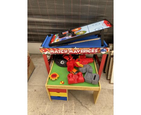 AN ASSORTMENT OF TOYS TO INCLUDE A CHILDS POOL TABLE, A LEGO DESK AND A ROBOT ETC 