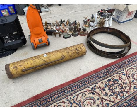 A POST KNOCKER AND FIVE METAL CIRCULAR BARRELL BANDS 