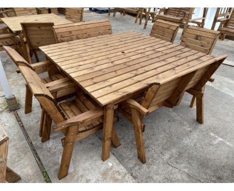 AN AS NEW EX DISPLAY CHARLES TAYLOR PATIO FURNITURE SET COMPRISING OF A LARGE SQUARE TABLE, FOUR CHAIRS AND A PAIR OF TWO SEA