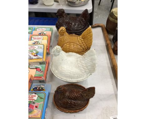 A GROUP OF VINTAGE CERAMIC HEN CROCK POTS 
