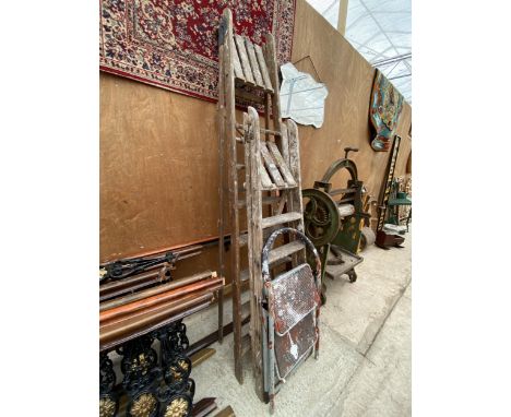 TWO SETS OF VINTAGE WOODEN STEP LADDERS AND A SMALL FOLDING STEP LADDER 