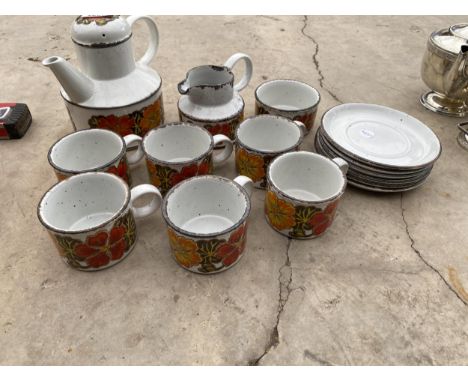 A MIDWINTER CERAMIC COFFE SET COMPRISING OF A COFFEE POT, MILK JUG, SUGAR BOWL AND SIX CUPS AND SAUCERS ETC 