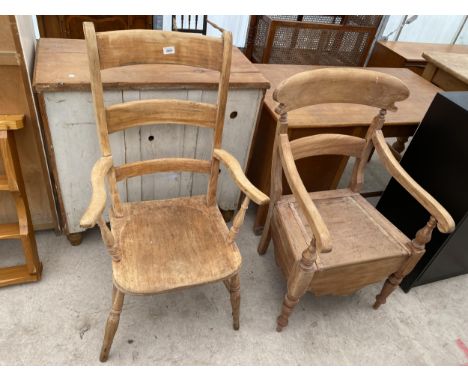 A LATE VICTORIAN BEECH FRAMED FARMHOUSE CHAIR AND COMMODE CHAIR 