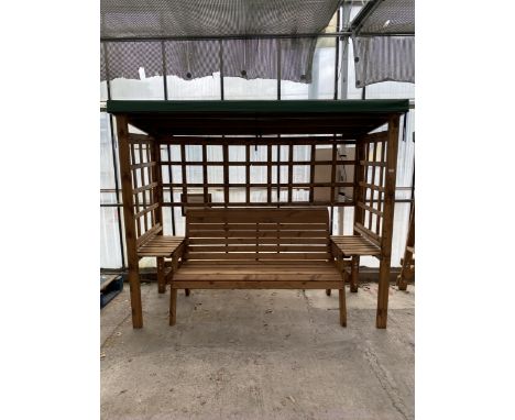 AN AS NEW EX DISPLAY CHARLES TAYLOR THREE SEATER GARDEN BENCH WITH CANOPY AND ARMREST SIDE TABLES *PLEASE NOTE VAT TO BE CHAR