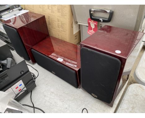 A PAIR OF MAHOGANY QUAD 77-11L SPEAKERS AND A QUAD CENTRE SPEAKER 