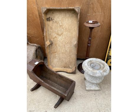 AN ASSORTMENT OF VINTAGE ITEMS TO INCLUDE A DOLLS CRIB, A GRAVE POT HOLDER AND AN ASHTRAY STAND ETC 