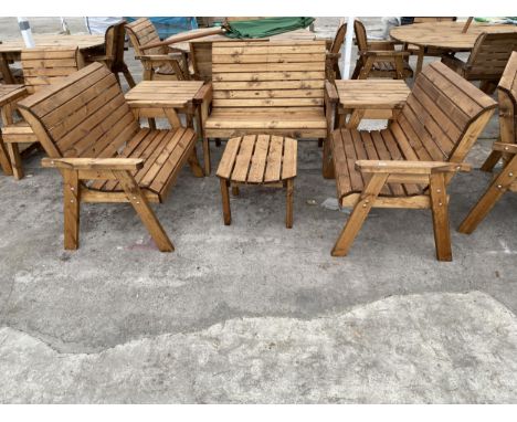 AN AS NEW EX DISPLAY CHARLES TAYLOR PATIO FURNITURE SET COMPRISING OF THREE TWO SEATER BENCHES, TWO SIDE TABLES AND A COFFEE 