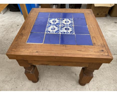 A MODERN PINE LAMP TABLE WITH INSET TILE TOP, 23.5" SQUARE 