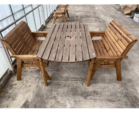 AN AS NEW EX DISPLAY CHARLES TAYLOR GARDEN TABLE, AND A PAIR OF TWO SEATER BENCHES *PLEASE NOTE VAT TO BE CHARGED ON THIS ITE