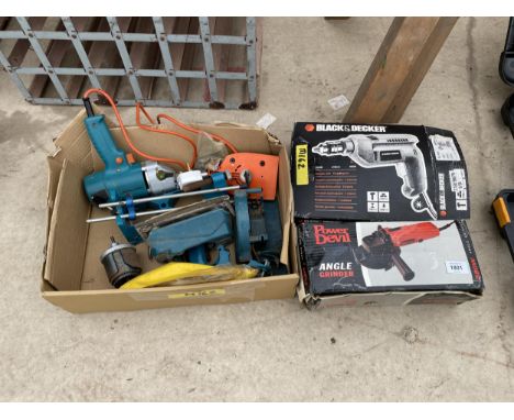 AN ASSORTMENT OF POWER TOOLS TO INCLUDE A BLACK AND DECKER DRILL AND A POWER DEVIL ANGLE GRINDER 