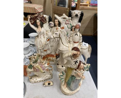 A COLLECTION OF VINTAGE STAFFORDSHIRE FIGURES, BLACK AND WHITE SPANIEL ETC 