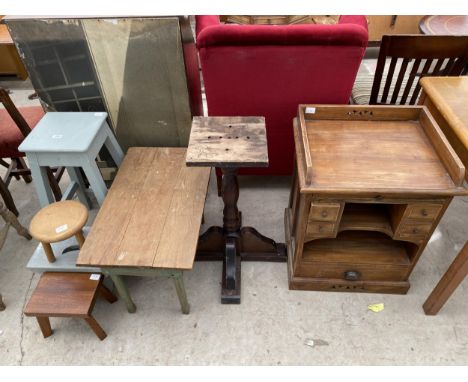 FOUR VARIOUS TOOLS, SMALL TABLE, PEDESTAL AND MINIATURE DESK WITH PULL-OUT SLIDE AND DRAWERS, 22" WIDE 