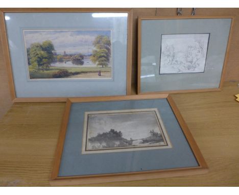 MANNER OF SIR GEORGE HAYTER (1792-1871) CASTLE LANDSCAPE, MONOCHROME WATERCOLOUR, BEARS INITIALS, 13.5CM X 22CM, FRAMED AND G