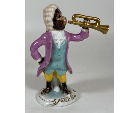 A CONTINENTAL DRESDEN STYLE PORCELAIN MONKEY TRUMPET PLAYER MUSICIAN FIGURE, HEIGHT 15.5CM 