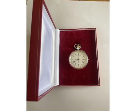 A RARE SILVER CHRONOGRAPH POCKET WATCH WITH WHITE FACE AND ROMAN NUMERALS IN ORIGINAL PRESENTATION BOX 