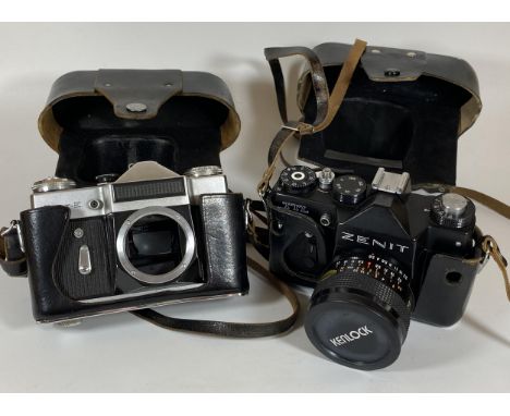 TWO VINTAGE ZENIT CASED CAMERAS - ZENIT E BODY AND ZENIT TTL FITTED WITH KENLOCK MC 28MM LENS 