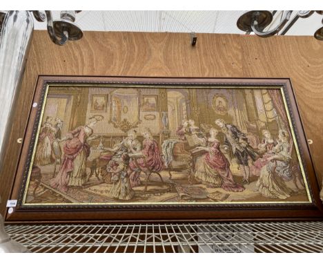 A FRAMED TAPESTRY OF A MANOR HOUSE SCENE 