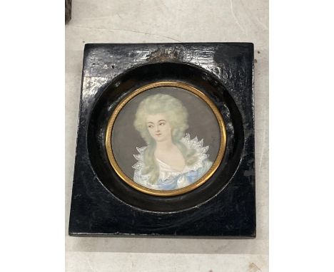 A 19TH CENTURY HAND PAINTED PORTRAIT OF A LADY, SIGNED MONET, IN EBONISED WOODEN FRAME, 10 X 9CM 