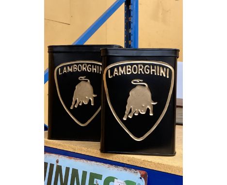 TWO METAL LAMBORGHINI LIDDED PETROL CANS / STORAGE TINS 